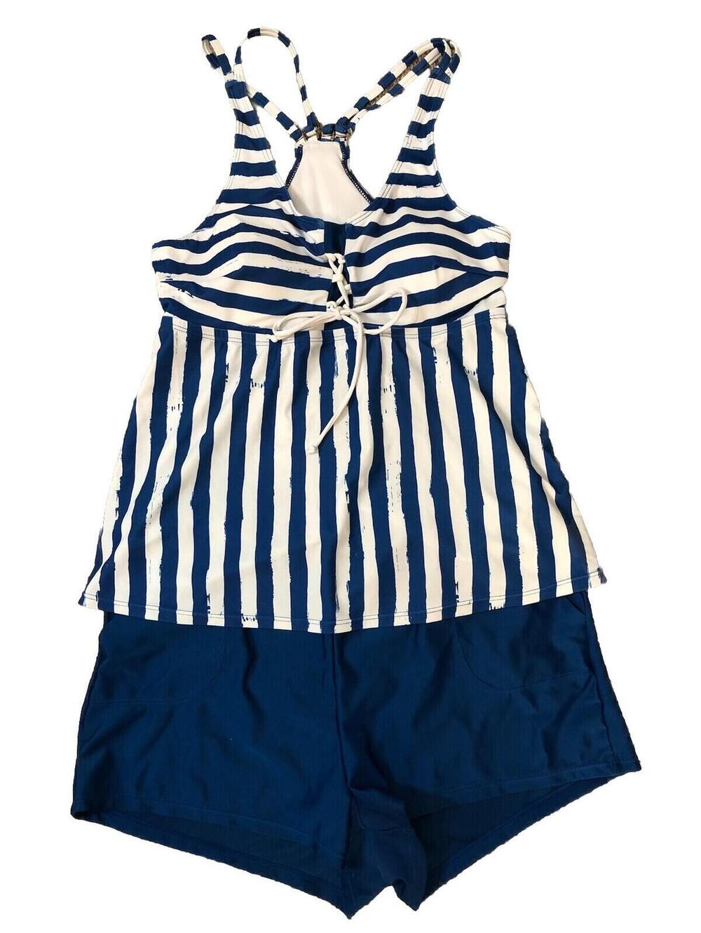 Rotita Womens Large 2 Piece Tankini Blue White Padded Adj Straps Worn Once